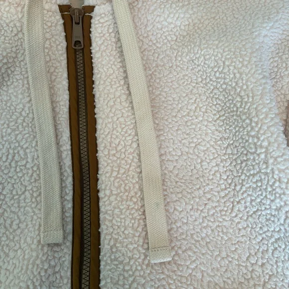 Madewell Cream Sherpa Zip Hoodie Jacket Brown Pocket Trim Cozy Teddy Fleece - Picture 5 of 8